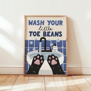 Wash Your Little Toe Beans Print, Cute Cat Bathroom Decor, Cat Lover Gift Poster